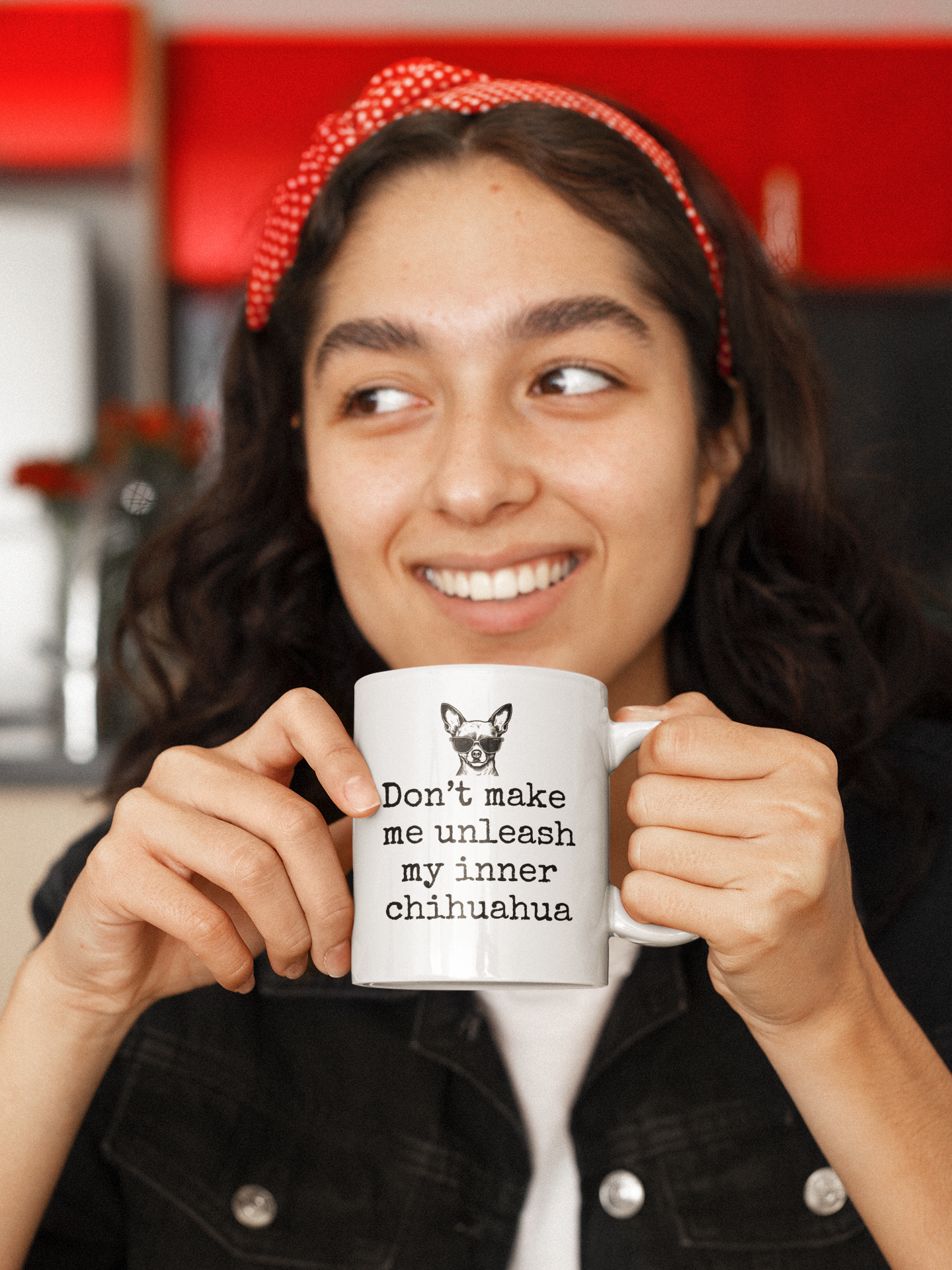 Woman with dog coffee mug