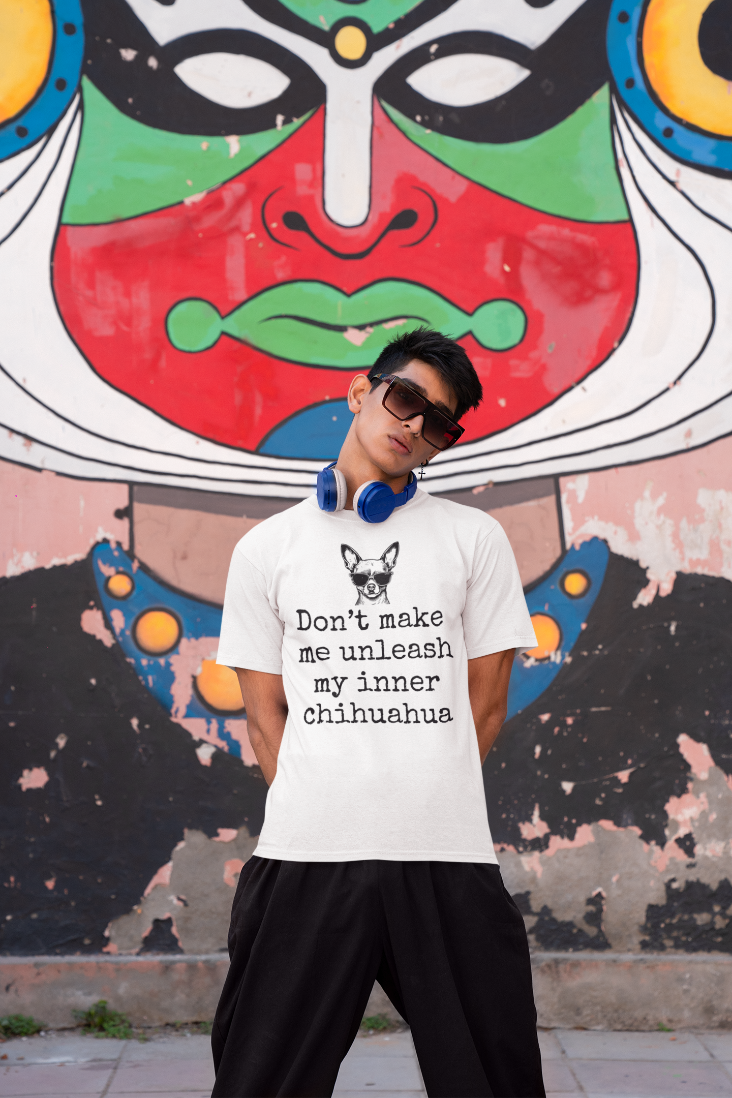 Man in psycho chihuahua t-shirt