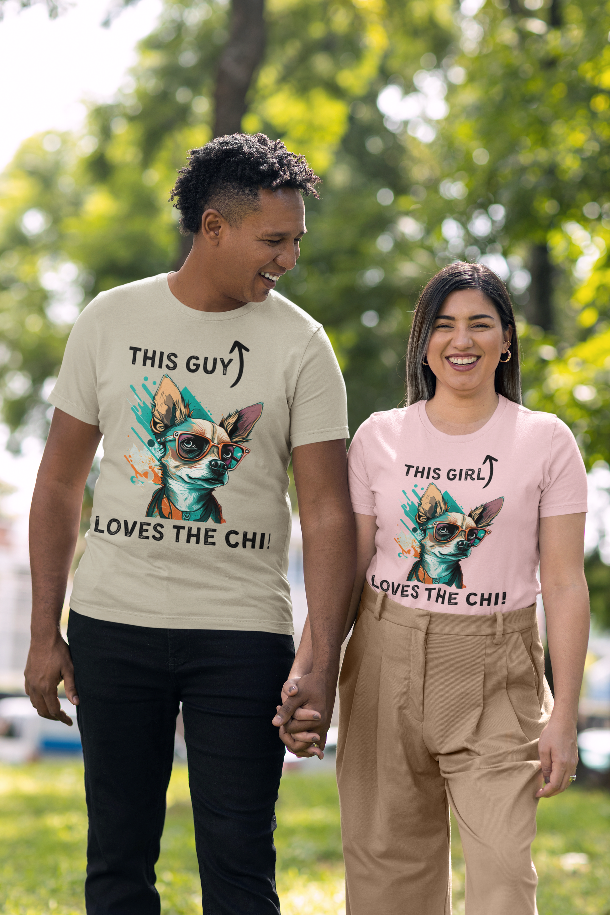 Man and Woman wearing chihuahua t-shirts