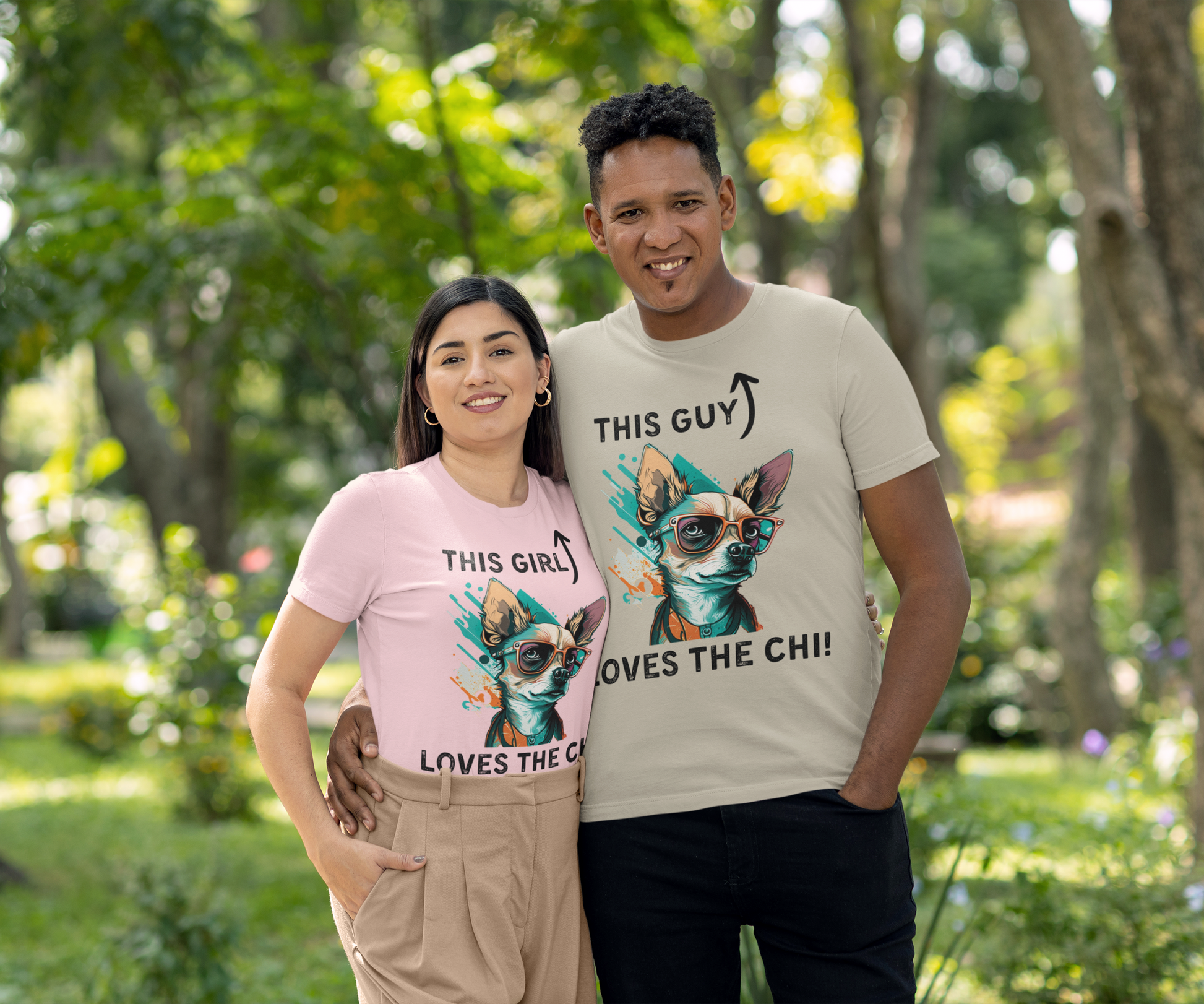 Couple wearing matching t-shirts