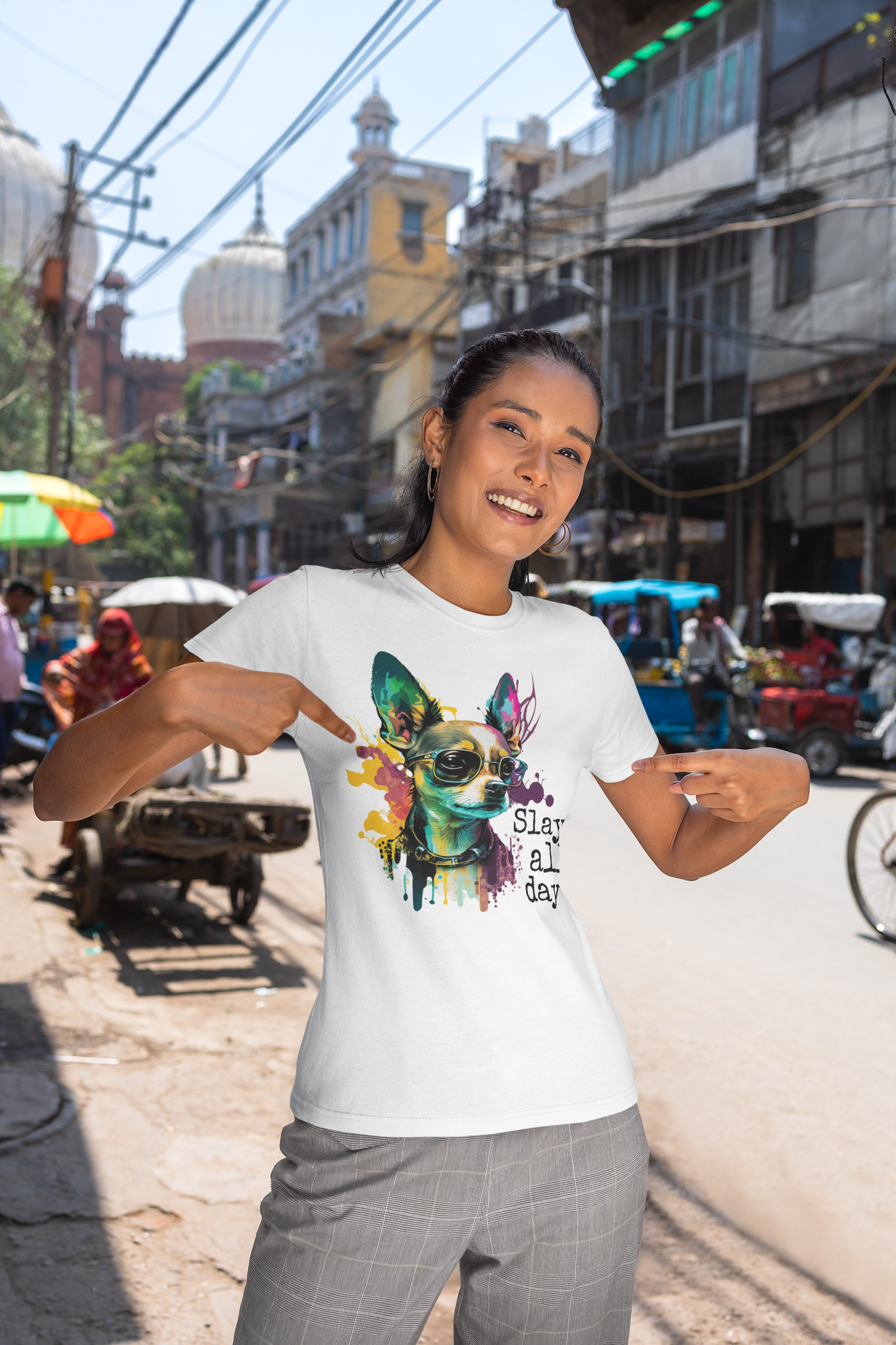 Woman wearing Chihuahua lover tshirt