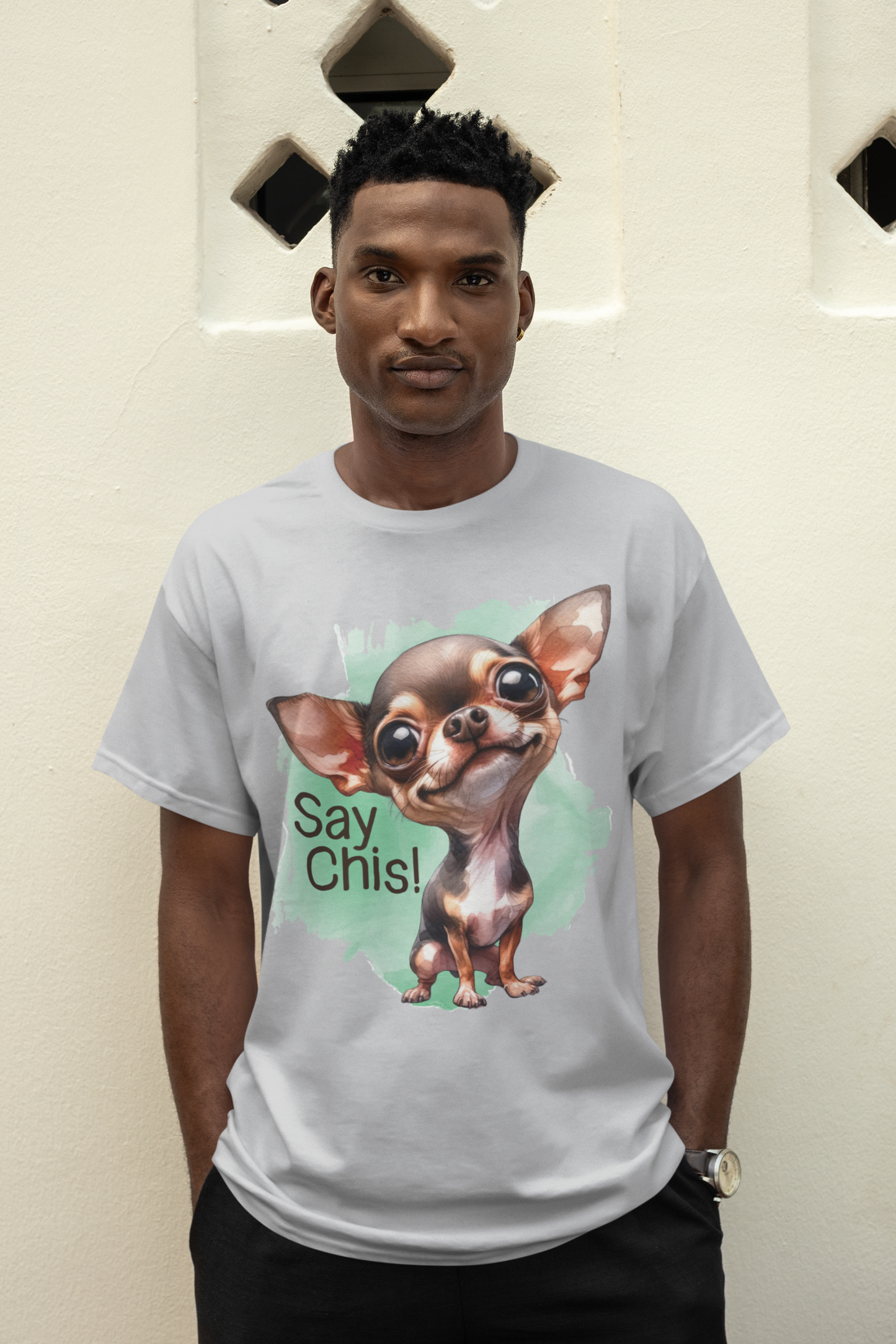 Man wearing chihuahua t-shirt